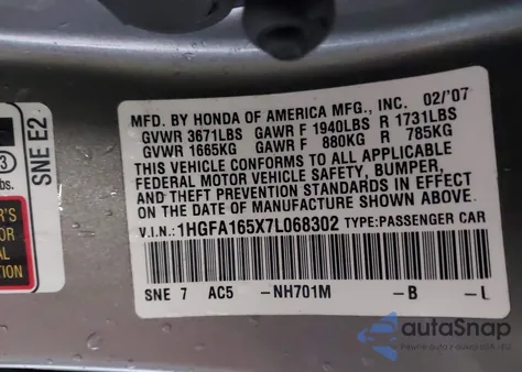 2007 Honda Civic Lx z USA, uszkodzony, nr VIN 1HGFA165X7L068302